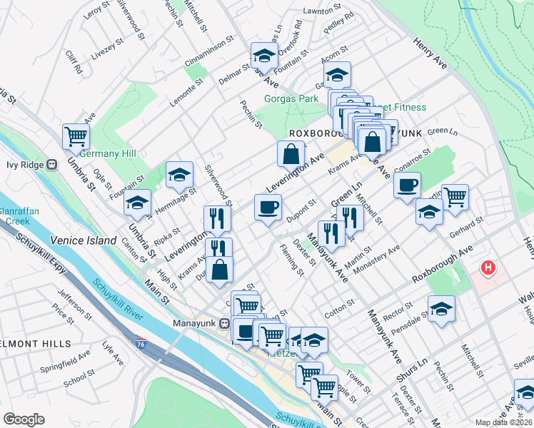 map of restaurants, bars, coffee shops, grocery stores, and more near 325 Krams Avenue in Philadelphia