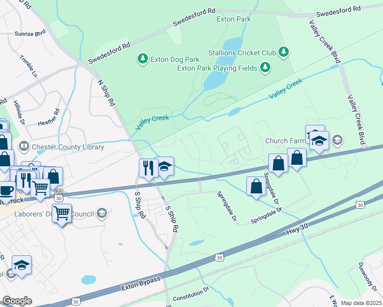 map of restaurants, bars, coffee shops, grocery stores, and more near 137 Livingston Lane in Exton