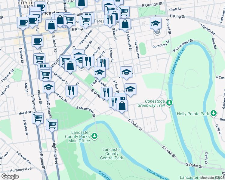 map of restaurants, bars, coffee shops, grocery stores, and more near 758 South Lime Street in Lancaster