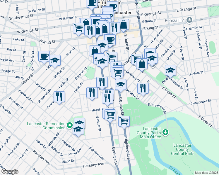 map of restaurants, bars, coffee shops, grocery stores, and more near 337 South Prince Street in Lancaster