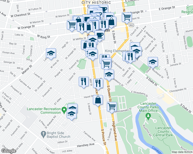 map of restaurants, bars, coffee shops, grocery stores, and more near 337 South Prince Street in Lancaster