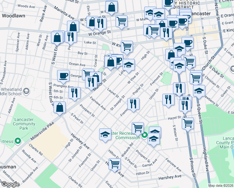 map of restaurants, bars, coffee shops, grocery stores, and more near 679 West Vine Street in Lancaster