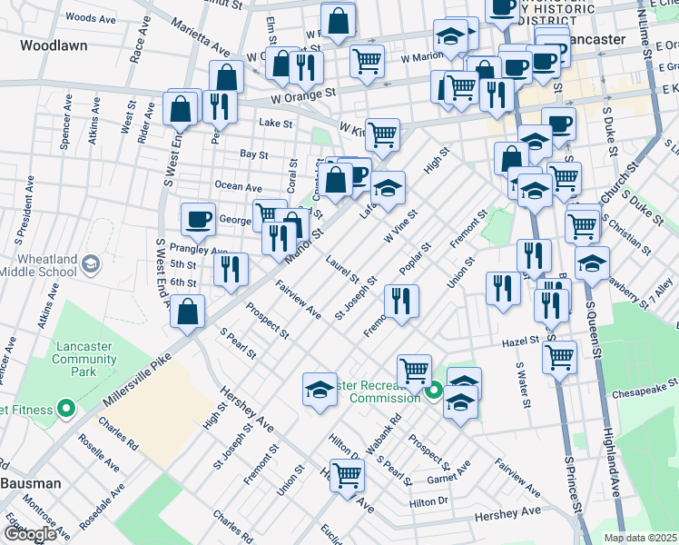 map of restaurants, bars, coffee shops, grocery stores, and more near 708 High Street in Lancaster