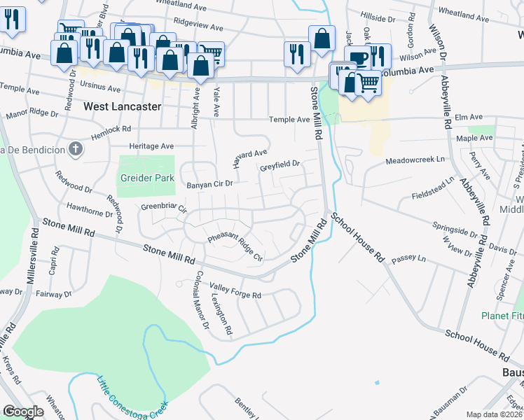 map of restaurants, bars, coffee shops, grocery stores, and more near 118 Pheasant Ridge Circle in Lancaster