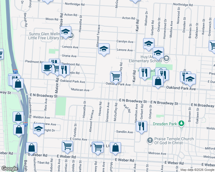 map of restaurants, bars, coffee shops, grocery stores, and more near in Columbus