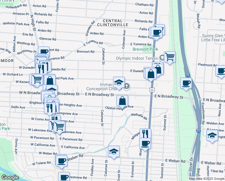 map of restaurants, bars, coffee shops, grocery stores, and more near 306 East North Broadway Street in Columbus