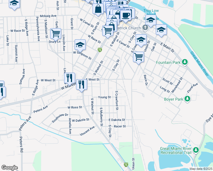 map of restaurants, bars, coffee shops, grocery stores, and more near 719 South Mulberry Street in Troy