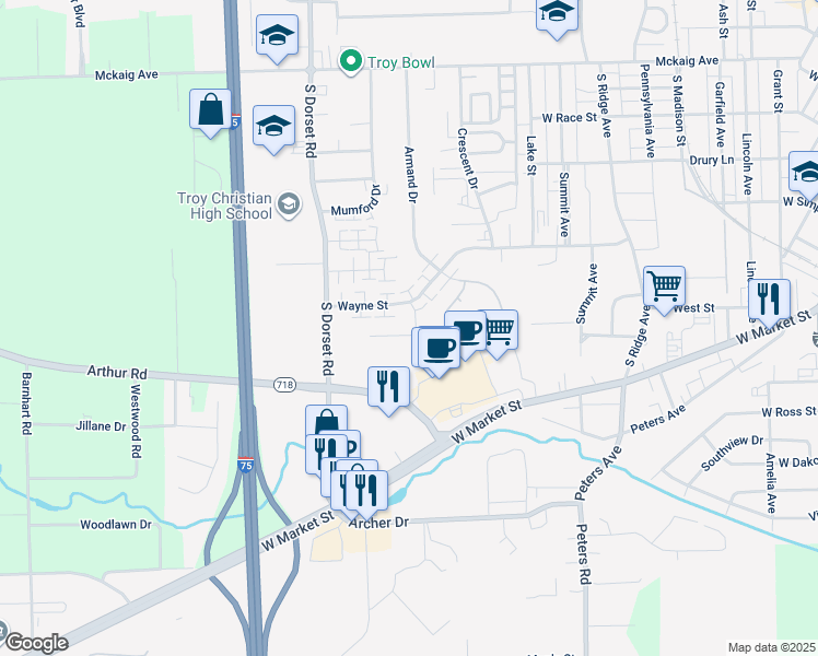 map of restaurants, bars, coffee shops, grocery stores, and more near 1515 Williamsburg Place in Troy