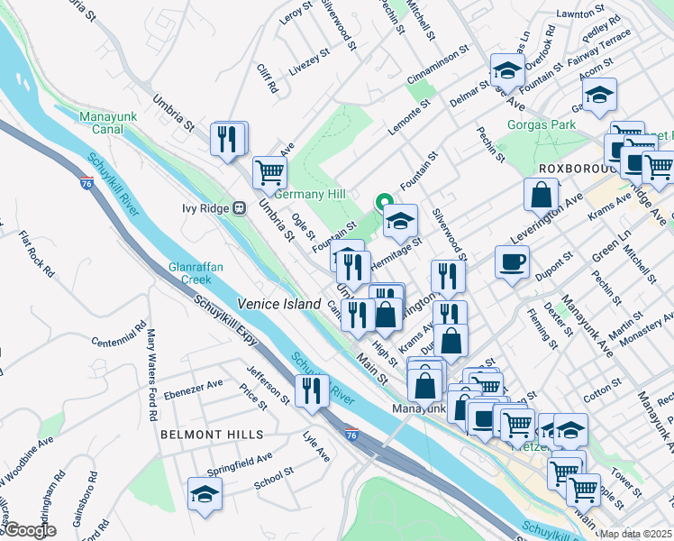 map of restaurants, bars, coffee shops, grocery stores, and more near 4101 Umbria Street in Philadelphia