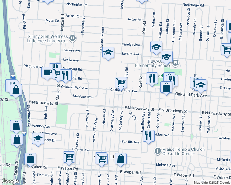map of restaurants, bars, coffee shops, grocery stores, and more near 1195 Oakland Park Avenue in Columbus
