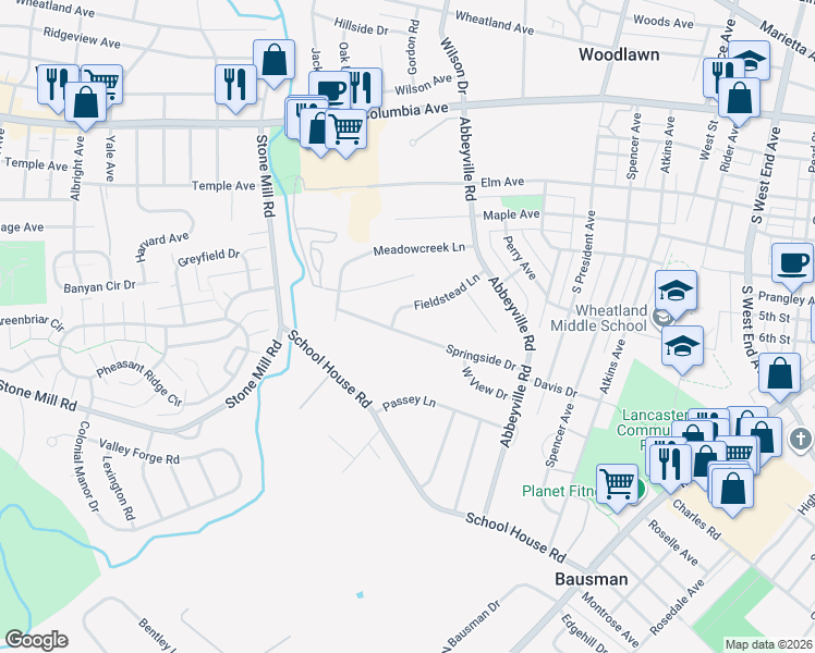 map of restaurants, bars, coffee shops, grocery stores, and more near 1515 Springside Dr in Lancaster