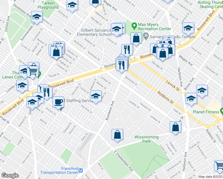map of restaurants, bars, coffee shops, grocery stores, and more near 1991 Lardner Street in Philadelphia
