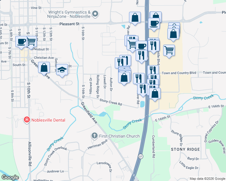 map of restaurants, bars, coffee shops, grocery stores, and more near 16712 Aulton Drive in Noblesville