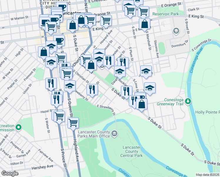 map of restaurants, bars, coffee shops, grocery stores, and more near 566 South Duke Street in Lancaster