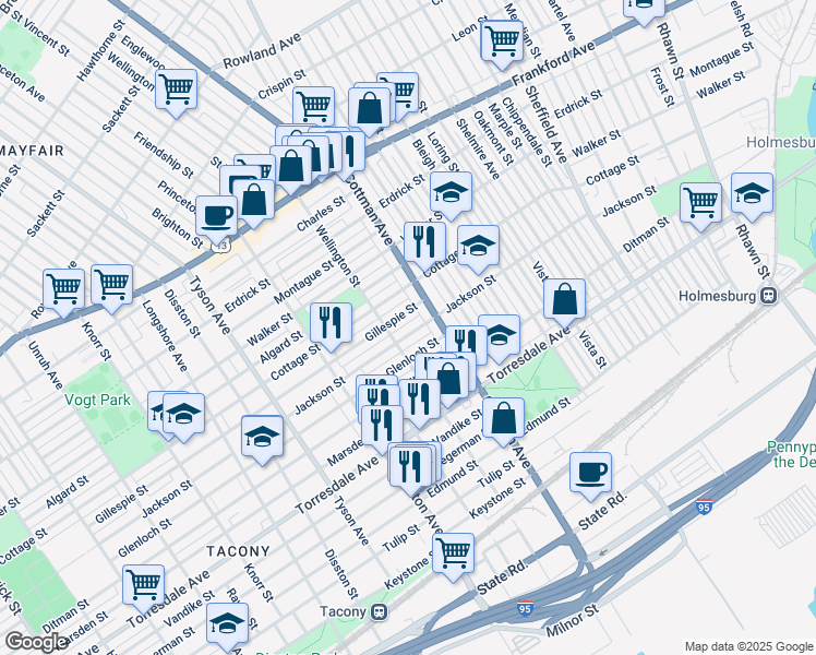 map of restaurants, bars, coffee shops, grocery stores, and more near 7218 Jackson Street in Philadelphia