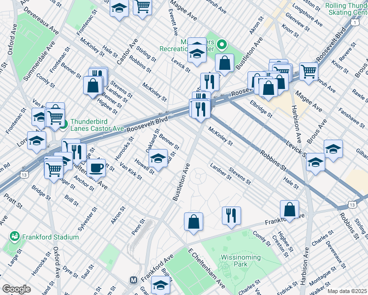 map of restaurants, bars, coffee shops, grocery stores, and more near 1991 Lardner Street in Philadelphia