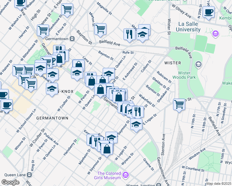 map of restaurants, bars, coffee shops, grocery stores, and more near 57 East Ashmead Street in Philadelphia
