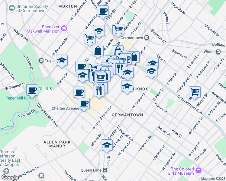 map of restaurants, bars, coffee shops, grocery stores, and more near 156 Maplewood Avenue in Philadelphia