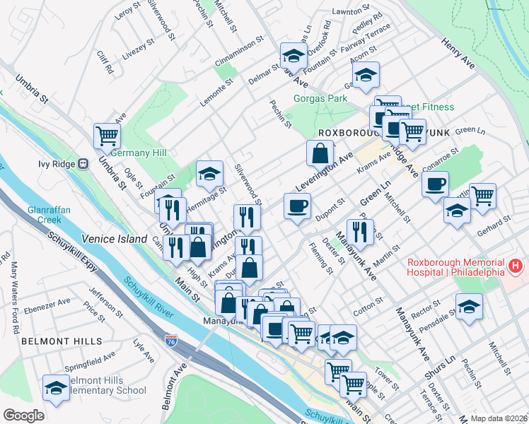 map of restaurants, bars, coffee shops, grocery stores, and more near Leverington Ave & Silverwood St in Philadelphia