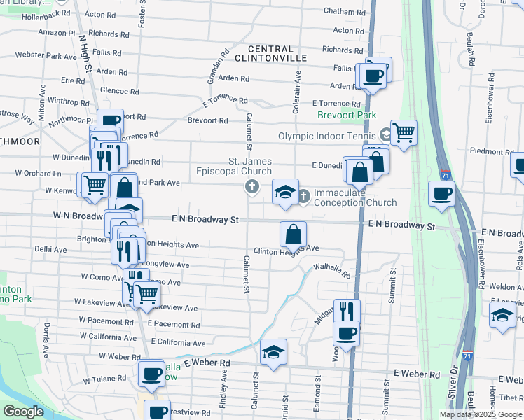 map of restaurants, bars, coffee shops, grocery stores, and more near 306 East North Broadway in Columbus