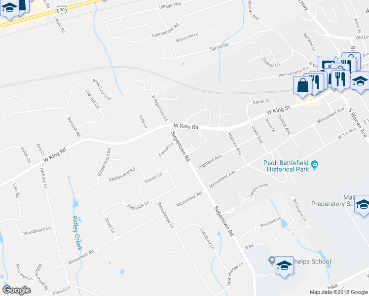 map of restaurants, bars, coffee shops, grocery stores, and more near 204 Raintree Lane in Malvern