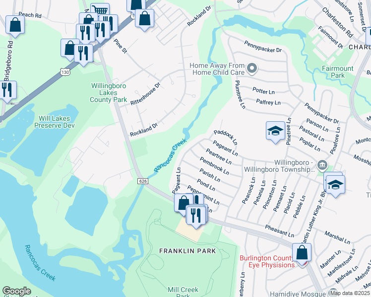 map of restaurants, bars, coffee shops, grocery stores, and more near 61 Pageant Lane in Willingboro