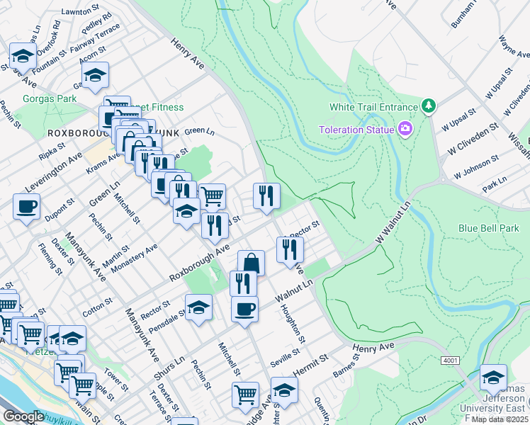 map of restaurants, bars, coffee shops, grocery stores, and more near 5916 Henry Avenue in Philadelphia
