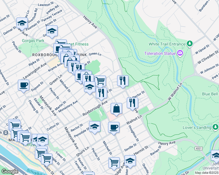 map of restaurants, bars, coffee shops, grocery stores, and more near 5926 Houghton Street in Philadelphia
