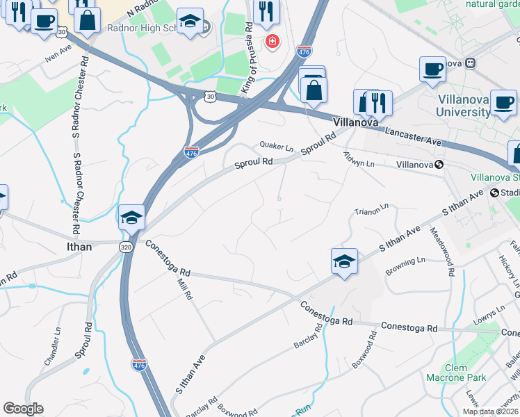 map of restaurants, bars, coffee shops, grocery stores, and more near 180 Woodstock Road in Villanova