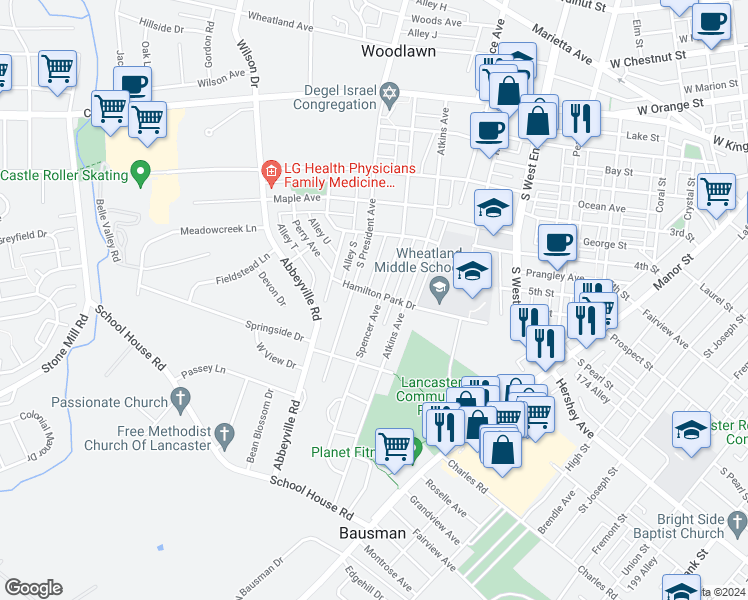 map of restaurants, bars, coffee shops, grocery stores, and more near 402 Spencer Avenue in Lancaster