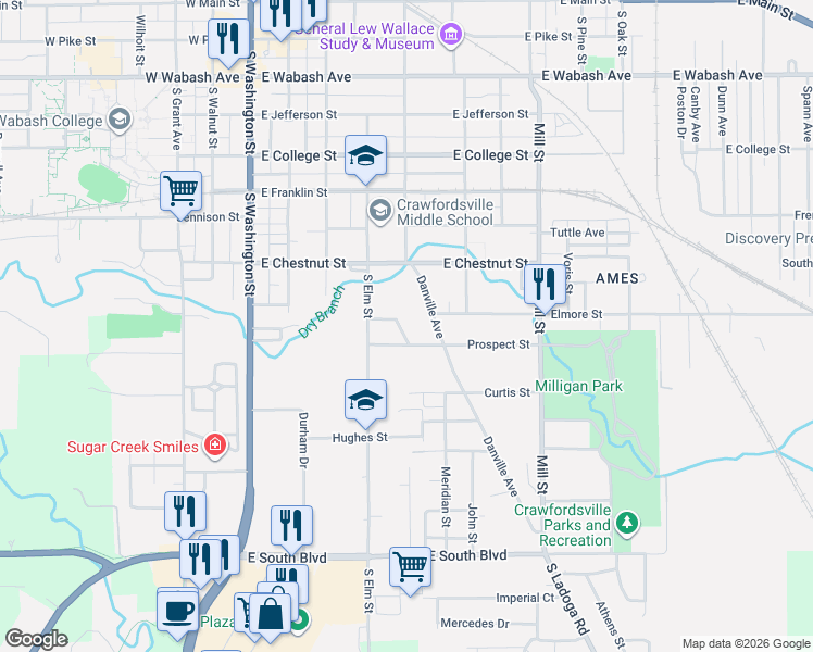 map of restaurants, bars, coffee shops, grocery stores, and more near 502 Highland Avenue in Crawfordsville