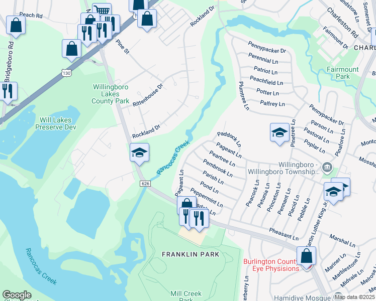 map of restaurants, bars, coffee shops, grocery stores, and more near 61 Pageant Lane in Willingboro