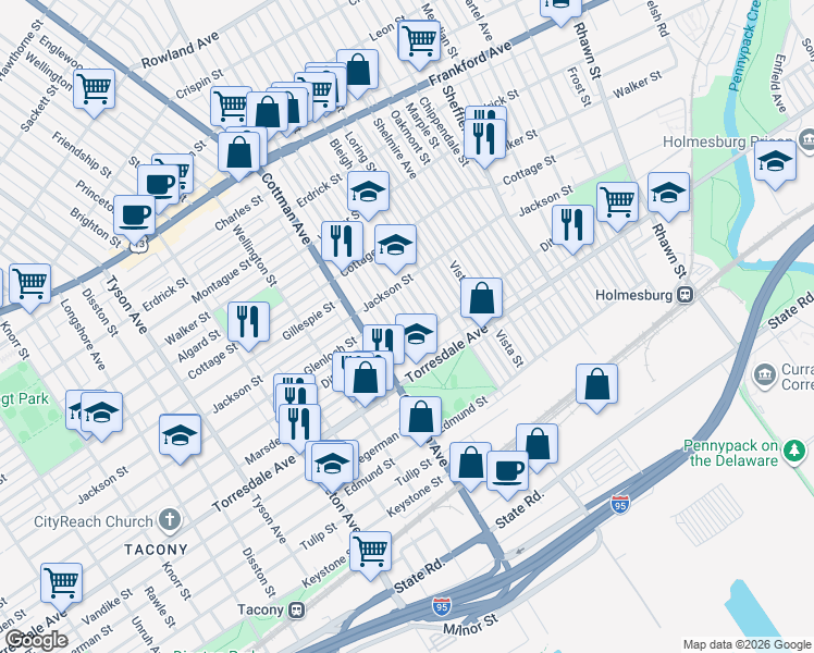 map of restaurants, bars, coffee shops, grocery stores, and more near 4555 Aldine Street in Philadelphia