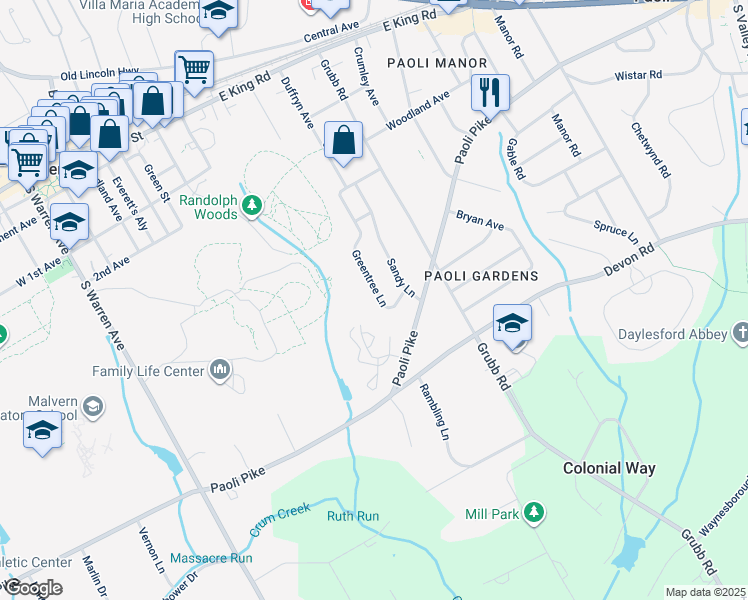 map of restaurants, bars, coffee shops, grocery stores, and more near 40 Greentree Lane in Malvern