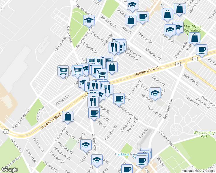 map of restaurants, bars, coffee shops, grocery stores, and more near 5845 East Roosevelt Boulevard in Philadelphia