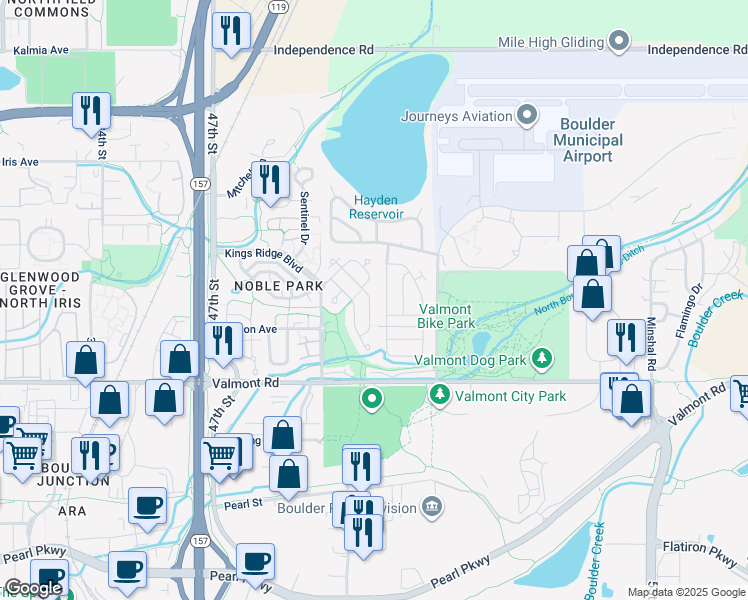 map of restaurants, bars, coffee shops, grocery stores, and more near 5000 Butte Street in Boulder