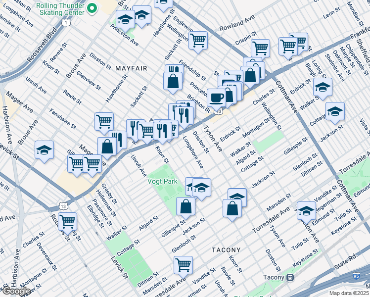 map of restaurants, bars, coffee shops, grocery stores, and more near 4124 Longshore Avenue in Philadelphia