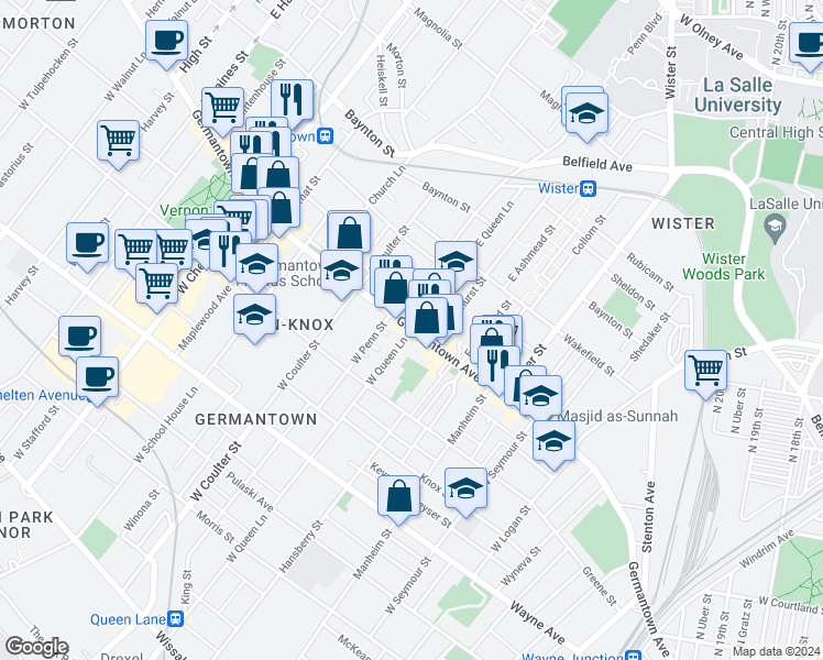 map of restaurants, bars, coffee shops, grocery stores, and more near 1 W Queen Ln in Philadelphia