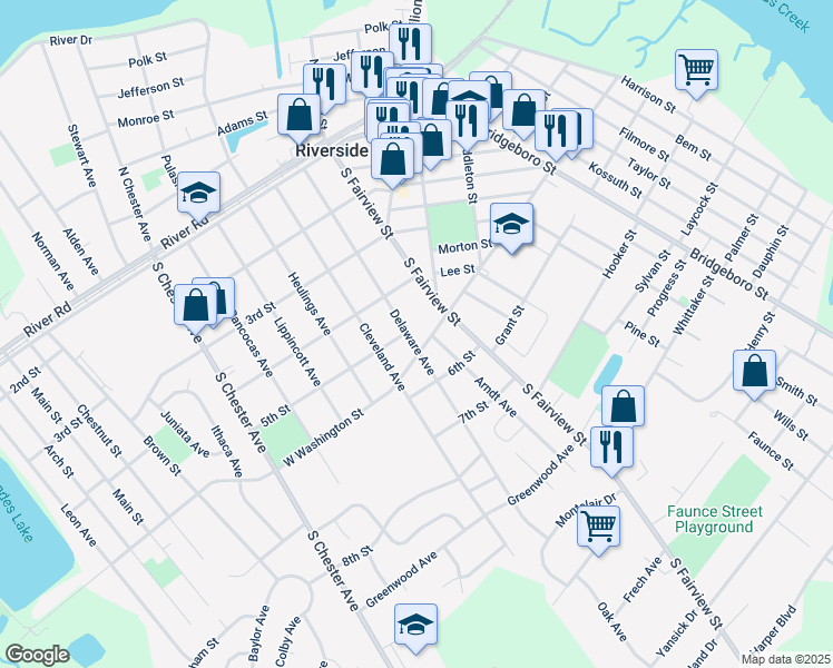 map of restaurants, bars, coffee shops, grocery stores, and more near 425 Delaware Avenue in Riverside