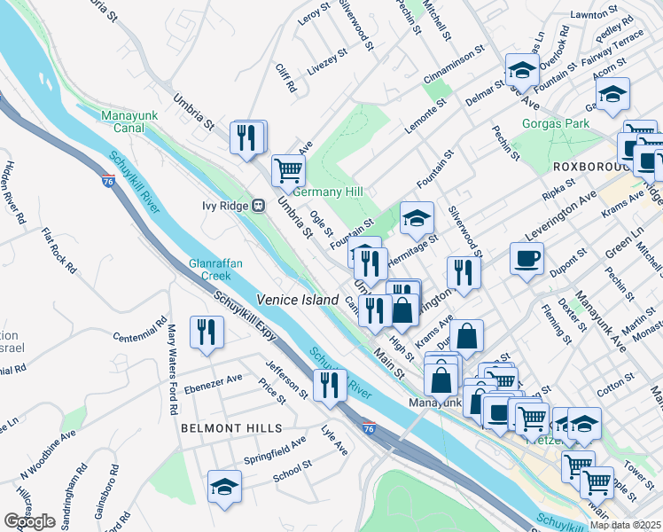 map of restaurants, bars, coffee shops, grocery stores, and more near 4726 Umbria Street in Philadelphia