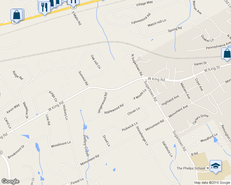 map of restaurants, bars, coffee shops, grocery stores, and more near 818 West King Road in Malvern