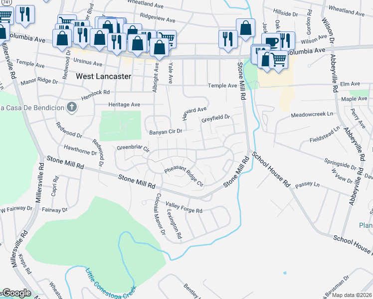 map of restaurants, bars, coffee shops, grocery stores, and more near 203 Bridlewood Court South in Lancaster