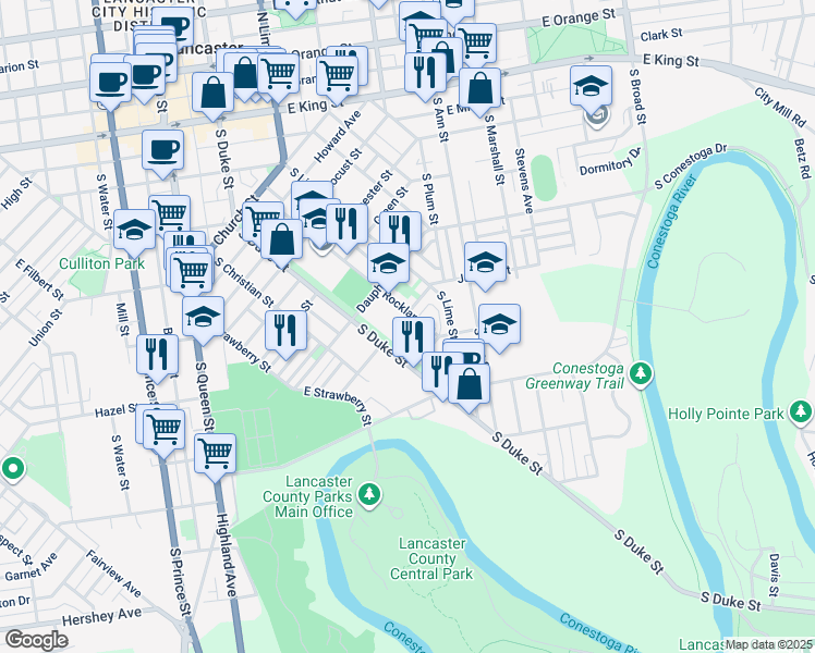 map of restaurants, bars, coffee shops, grocery stores, and more near 710 Rockland Street in Lancaster