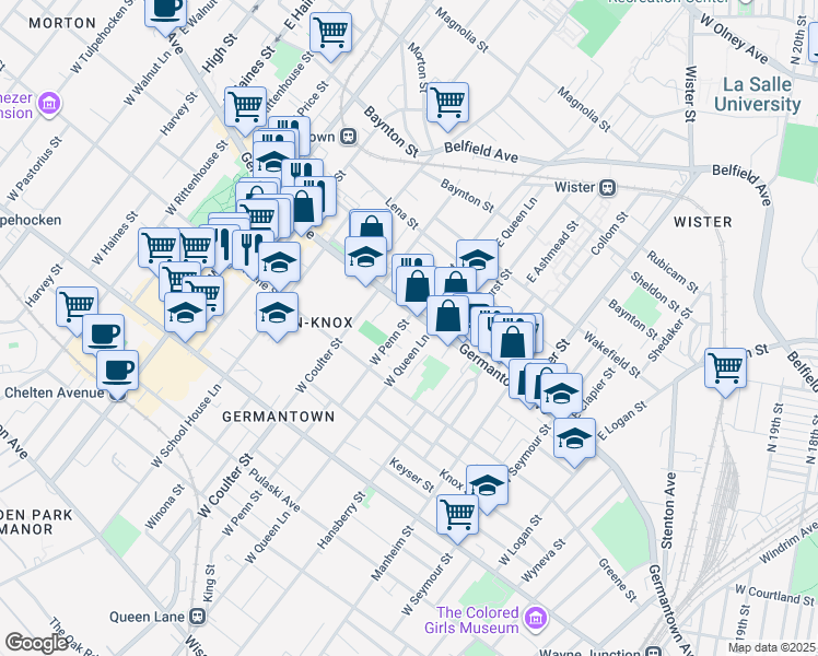 map of restaurants, bars, coffee shops, grocery stores, and more near 1 Penn Court in Philadelphia