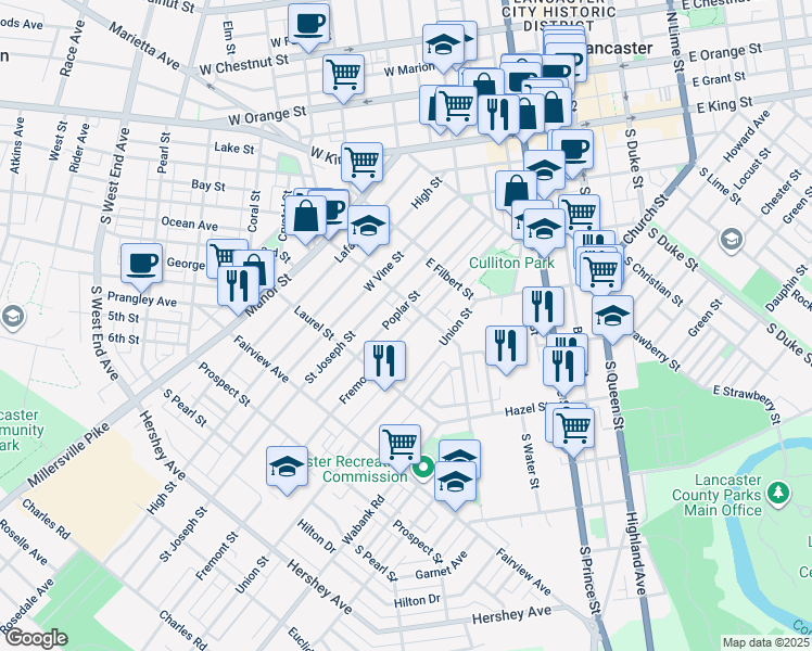 map of restaurants, bars, coffee shops, grocery stores, and more near 617 Fremont St in Lancaster