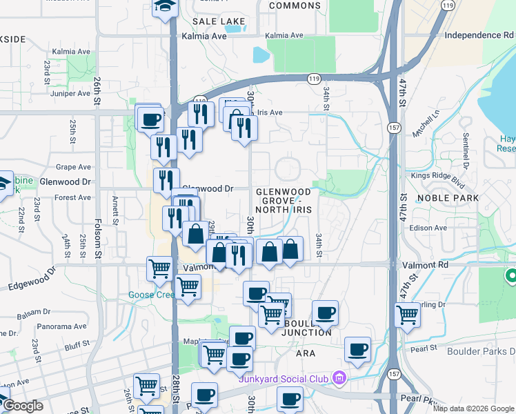 map of restaurants, bars, coffee shops, grocery stores, and more near in Boulder