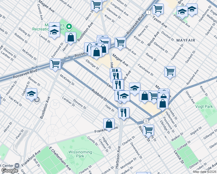 map of restaurants, bars, coffee shops, grocery stores, and more near 6353 Cardiff Street in Philadelphia
