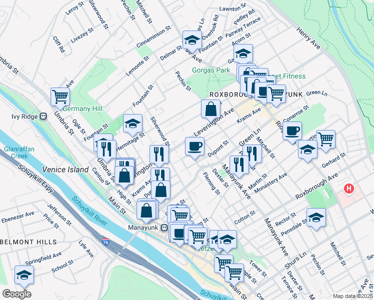 map of restaurants, bars, coffee shops, grocery stores, and more near 4582 Fleming Street in Philadelphia