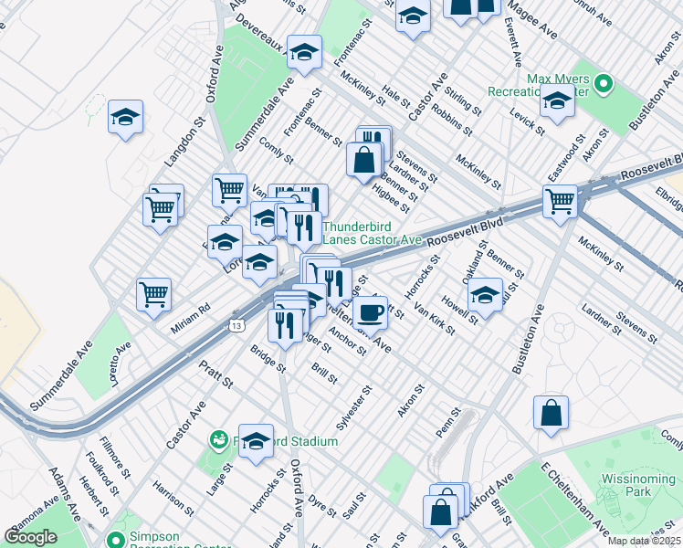 map of restaurants, bars, coffee shops, grocery stores, and more near 5877 E Roosevelt Blvd in Philadelphia