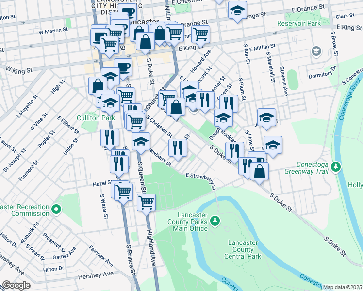 map of restaurants, bars, coffee shops, grocery stores, and more near 501 Green Street in Lancaster